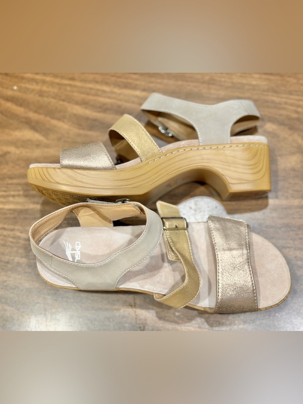 Dansko Gold and Cream Platform Sandals with Buckle Strap NWOT